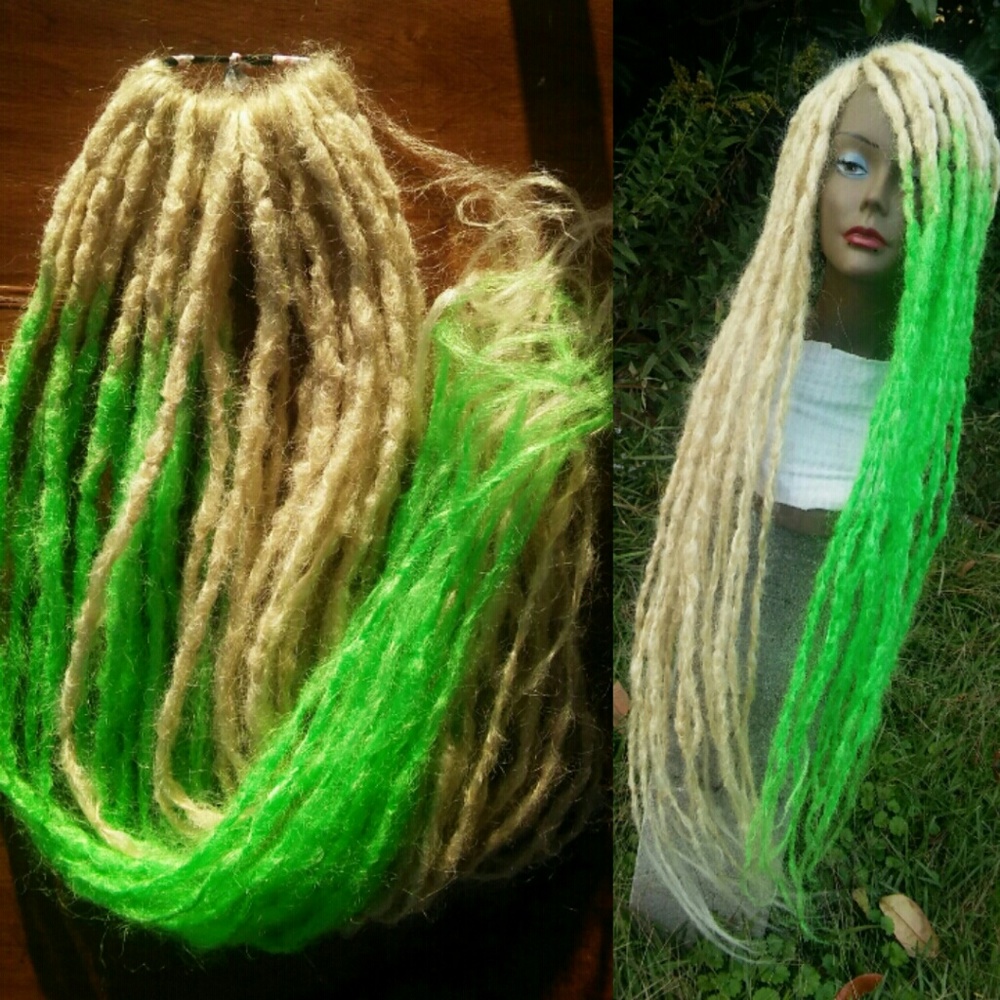 Long thin platinum blonde green ombre dreadlocks